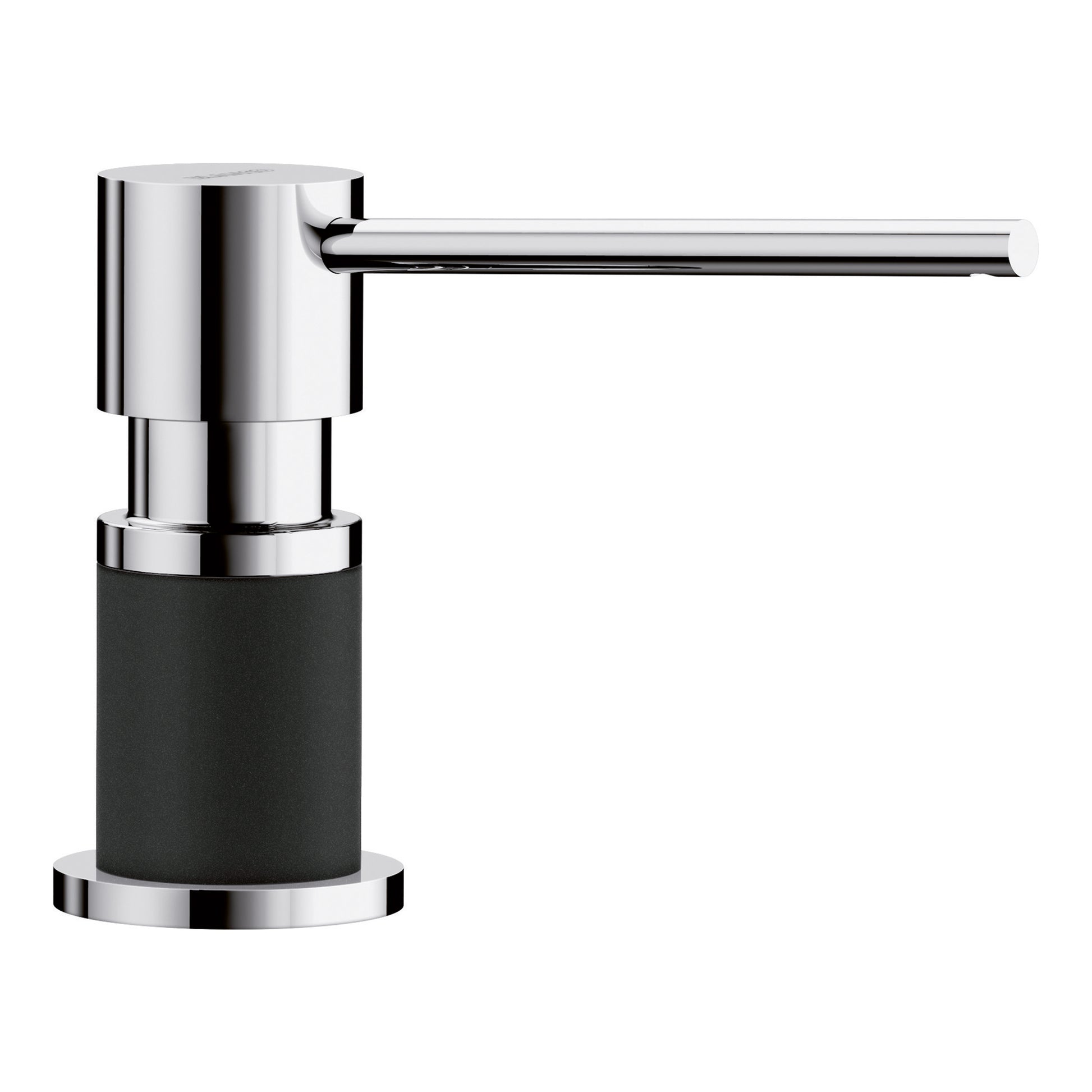Chrome and coal black soap dispenser with cylindrical pump body and angled spout.