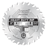 8-inch Freud Heavy Duty Rip blade with 24 teeth, 5/8" arbor, and flat tooth design for crosscutting wood.