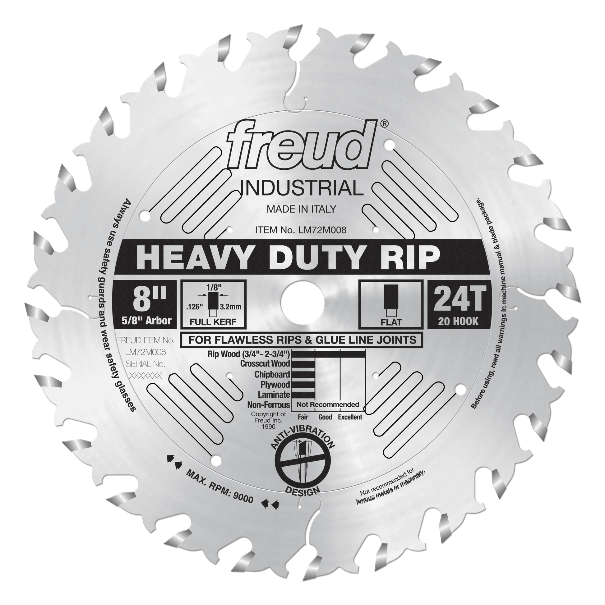 8-inch Freud Heavy Duty Rip blade with 24 teeth, 5/8" arbor, and flat tooth design for crosscutting wood.