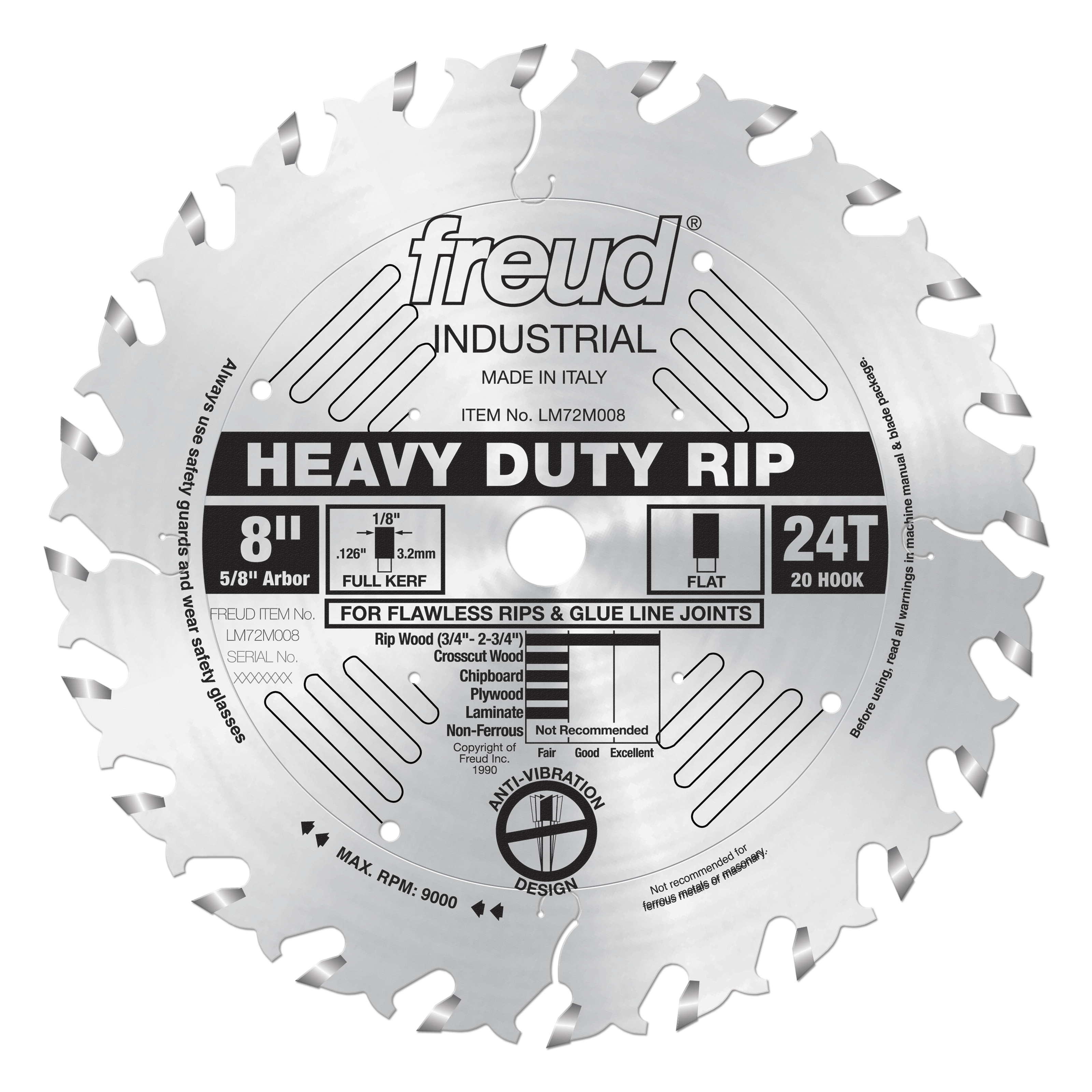 8-inch Freud Heavy Duty Rip blade with 24 teeth, 5/8" arbor, and flat tooth design for crosscutting wood.