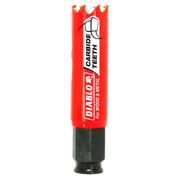 Red and black carbide holesaw with serrated cutting edges and Diablo branding for wood and metal.