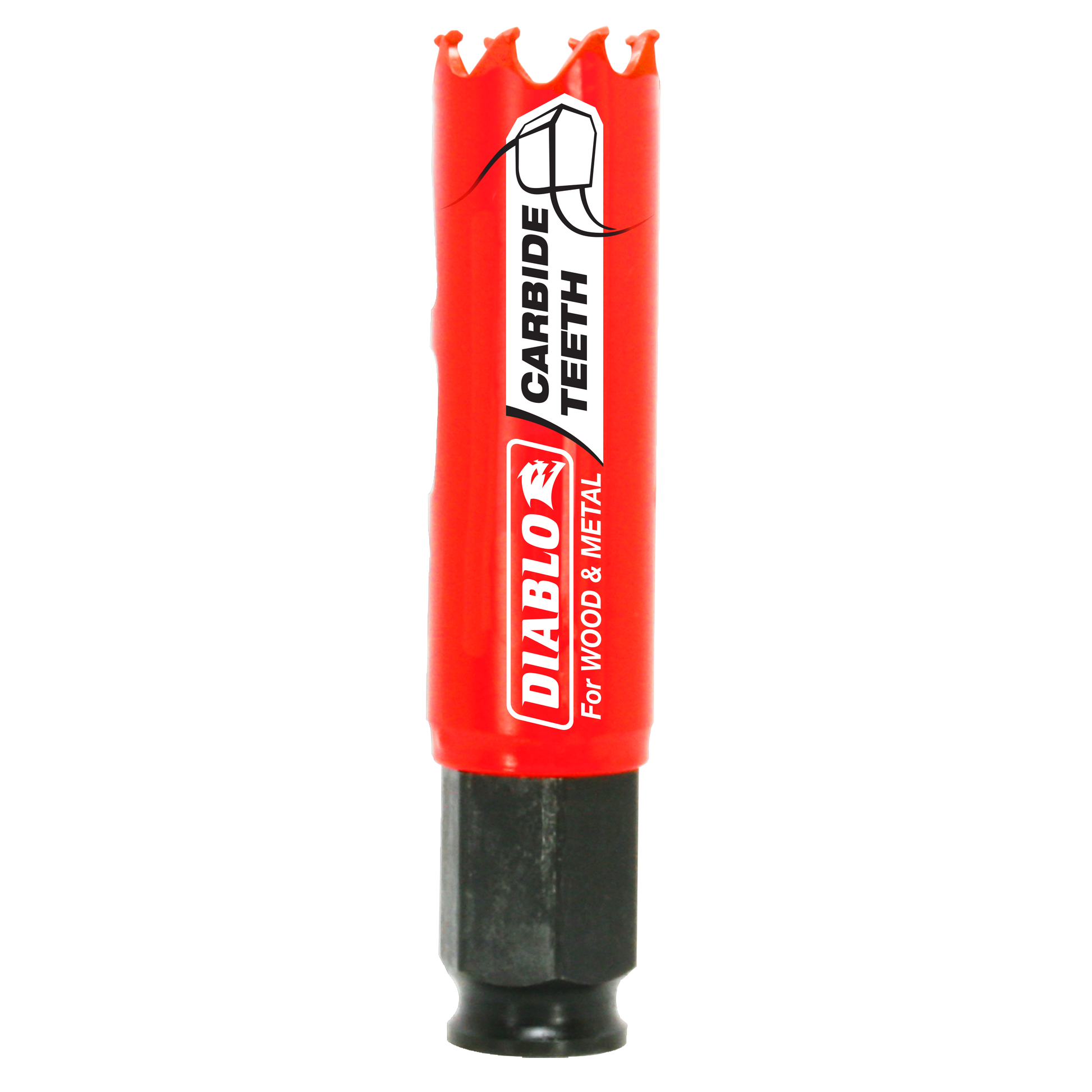 Red and black carbide holesaw with serrated cutting edges and Diablo branding for wood and metal.