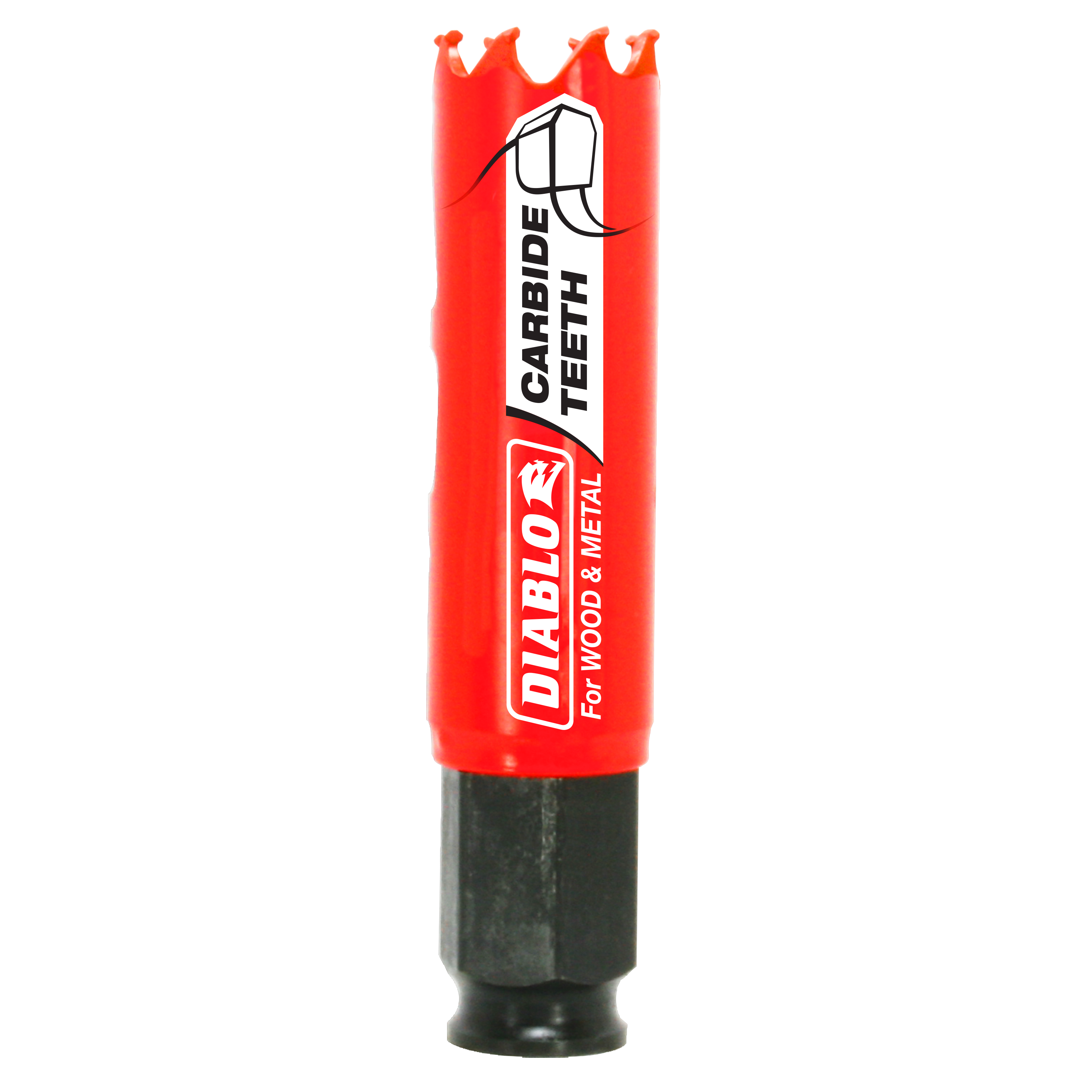 Red and black carbide holesaw with serrated cutting edges and Diablo branding for wood and metal.