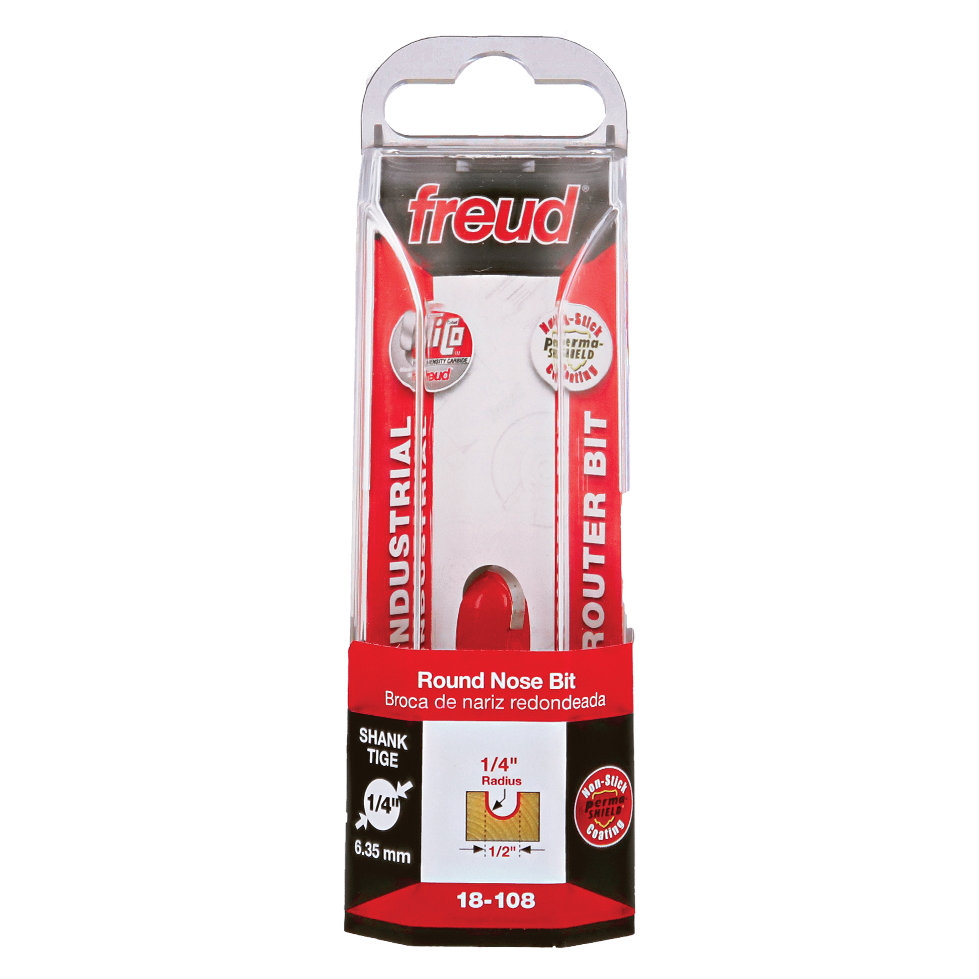 Freud round nose router bit with 1/4" radius and 1/4" shank in clear plastic clamshell packaging.