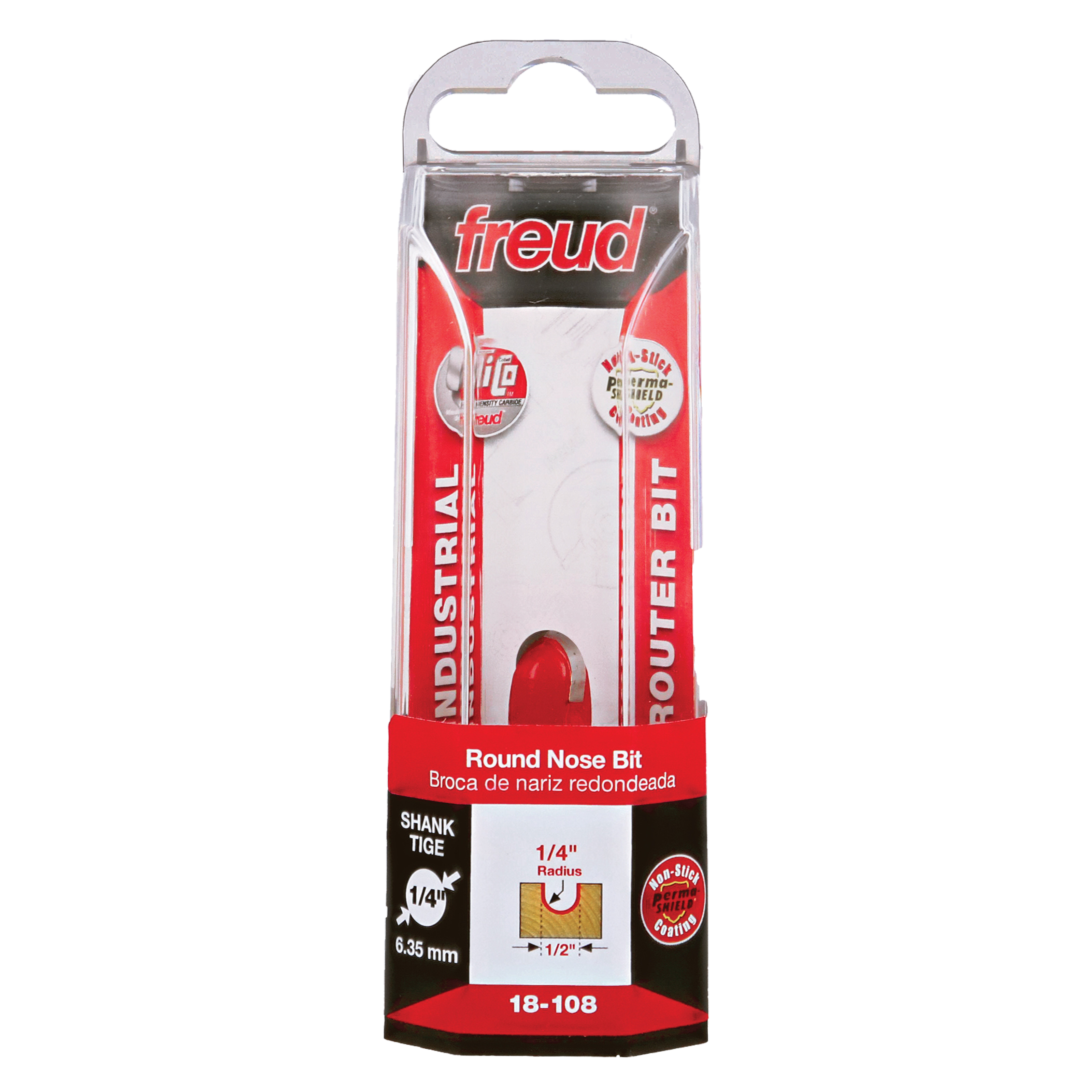Freud round nose router bit with 1/4" radius and 1/4" shank in clear plastic clamshell packaging.