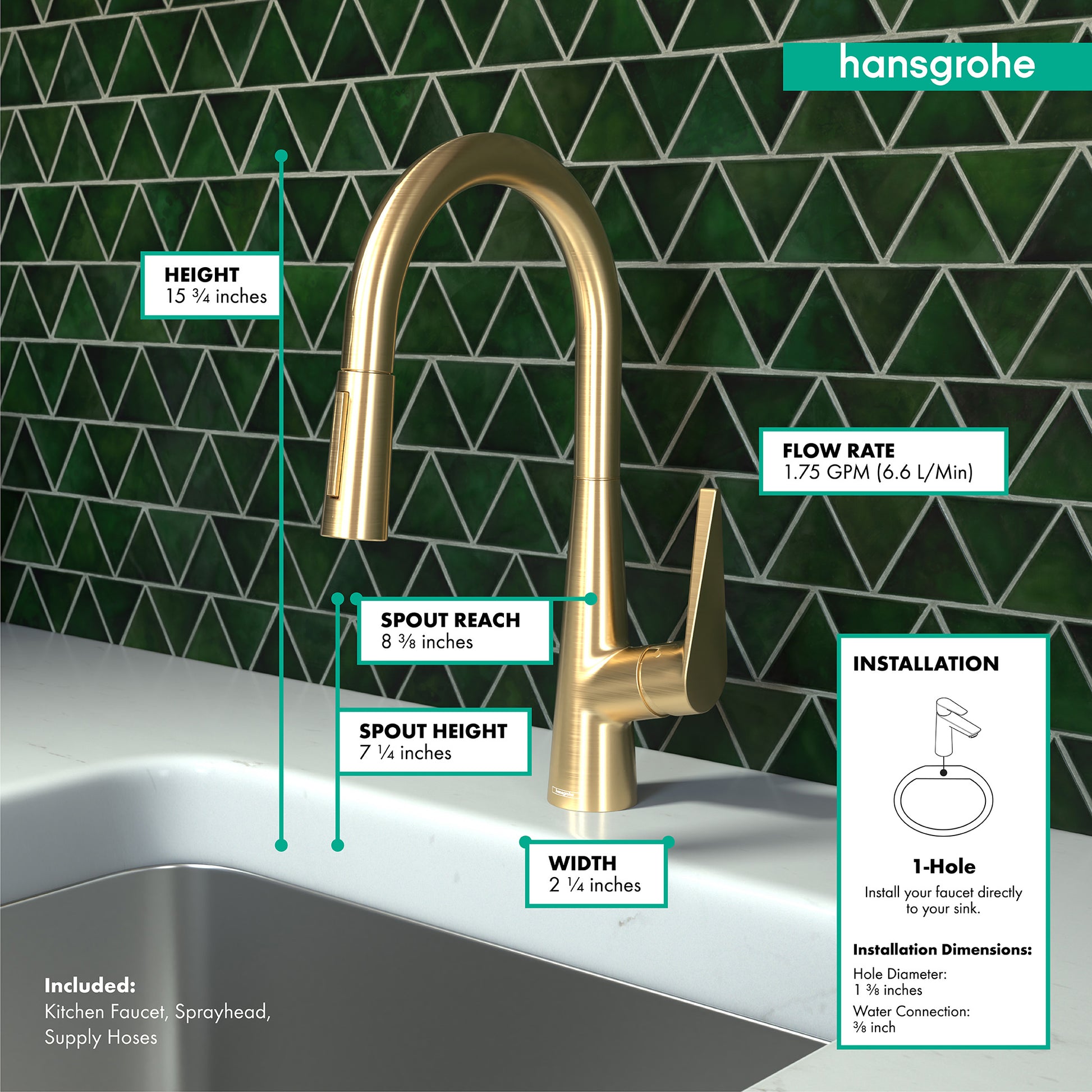 Brushed gold high-arc kitchen faucet with pull-down sprayer mounted on white sink against green tile backsplash.