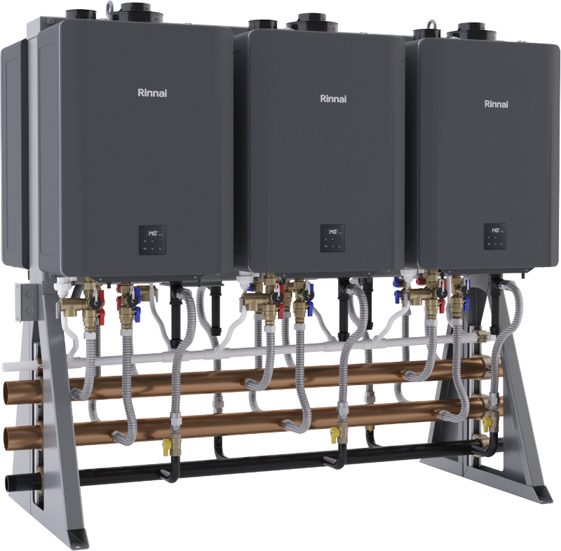Three stacked black Rinnai tankless water heaters mounted on metal frame with copper pipes and brass fittings below.