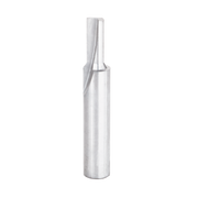 Silver carbide router bit with single spiral flute and straight cutting edge, cylindrical shank.