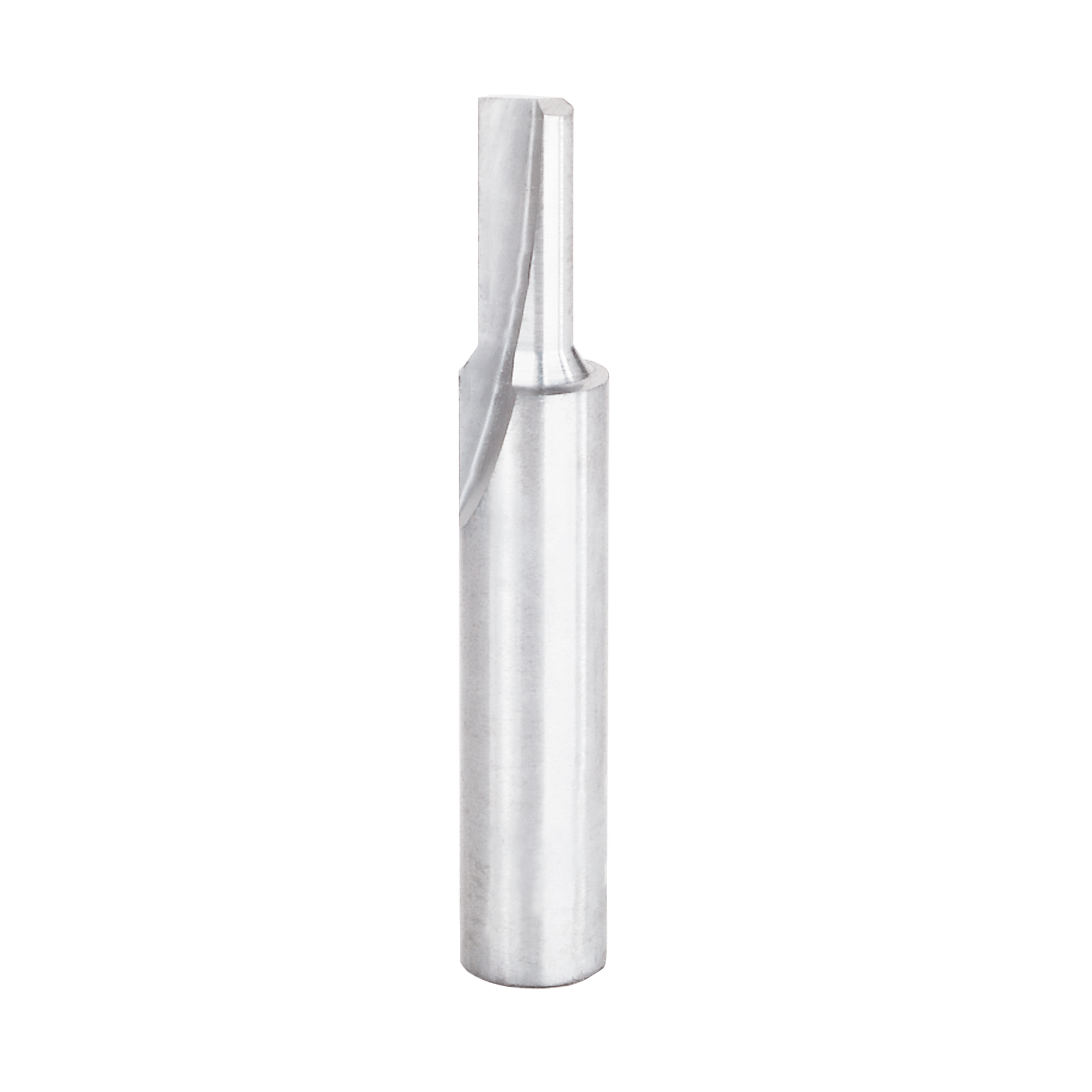 Silver carbide router bit with single spiral flute and straight cutting edge, cylindrical shank.