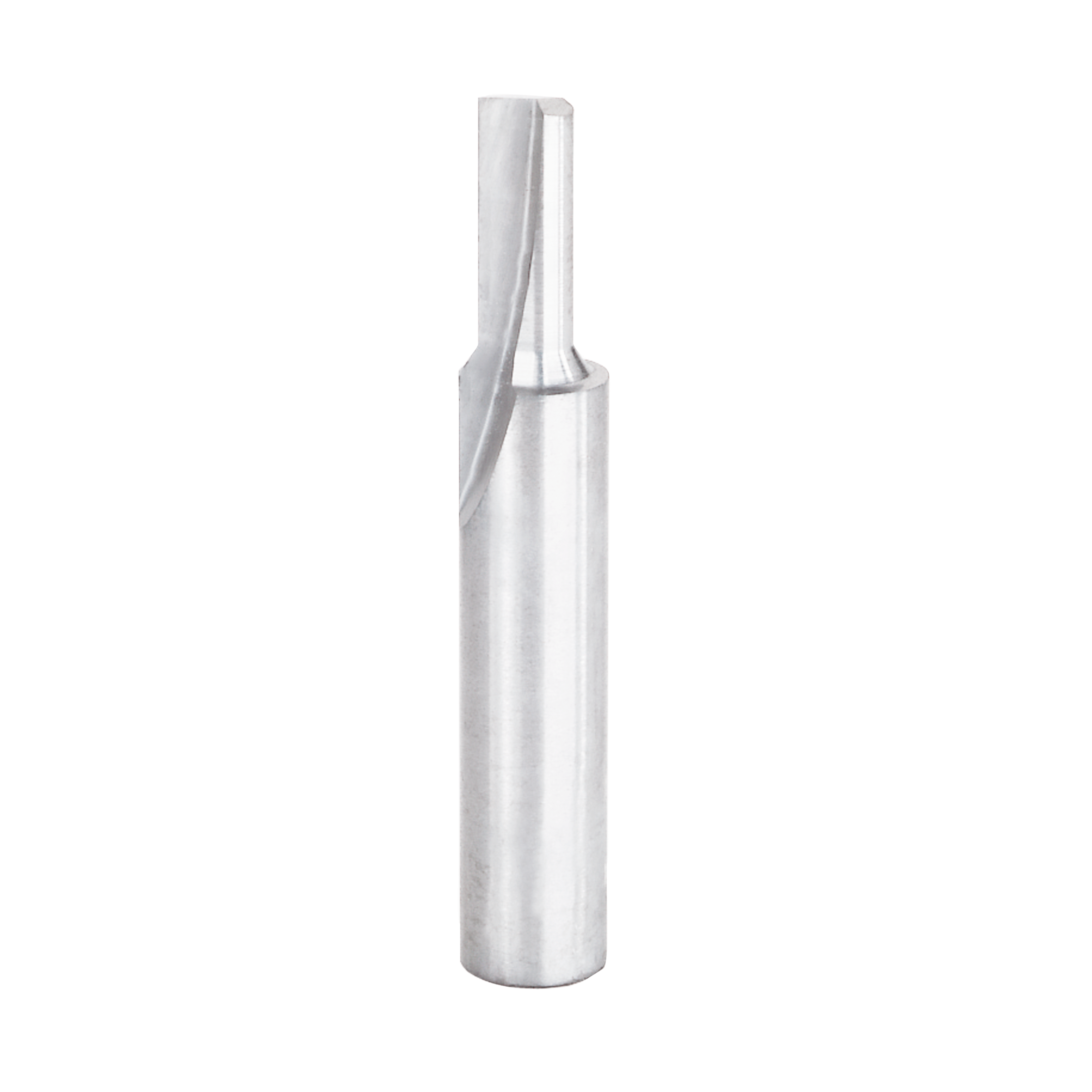 Silver carbide router bit with single spiral flute and straight cutting edge, cylindrical shank.