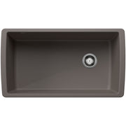 Volcano gray single bowl undermount sink with chrome drain fixture and rounded corners.