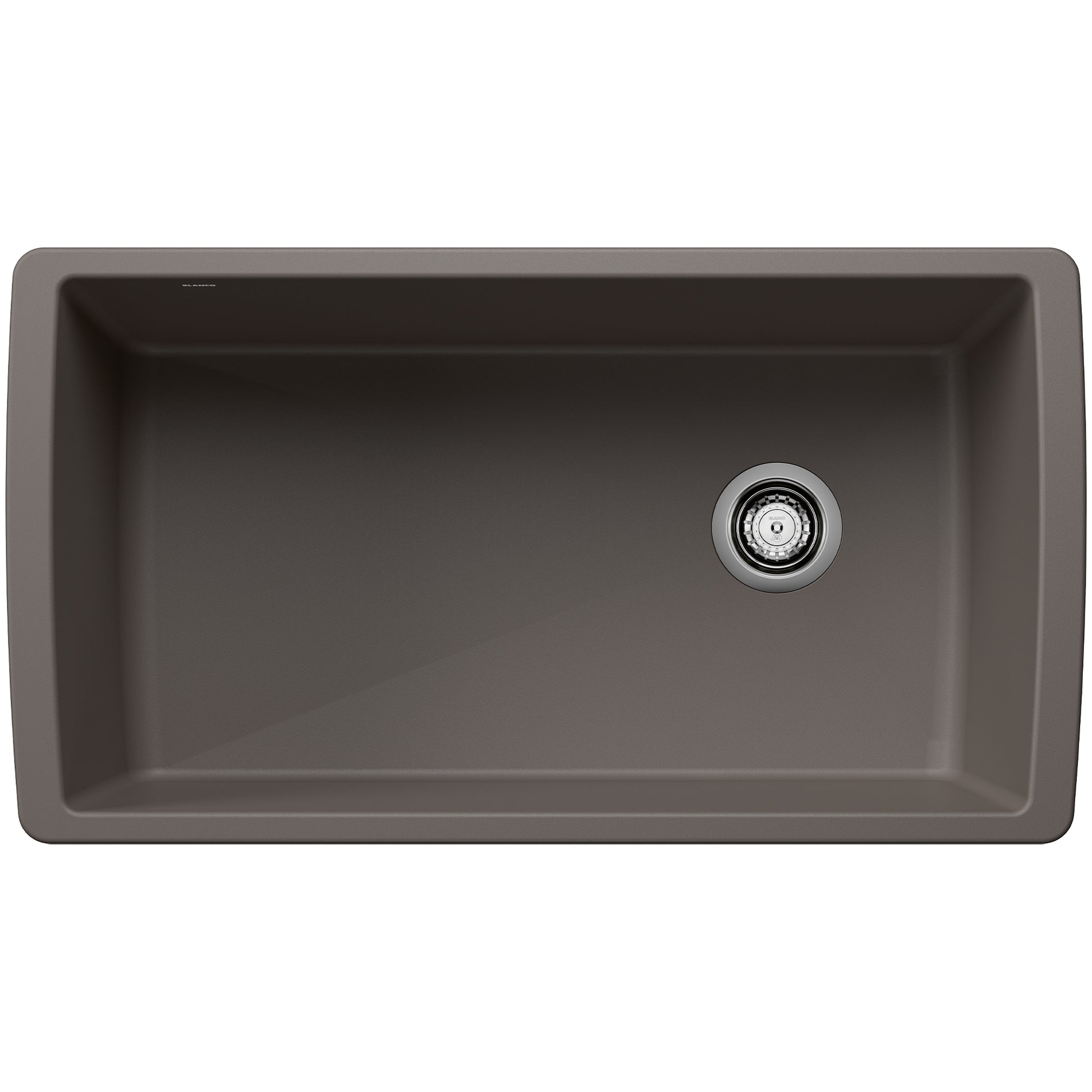Volcano gray single bowl undermount sink with chrome drain fixture and rounded corners.