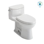 White one-piece elongated toilet with soft-close seat and integrated bidet seat in cotton finish.