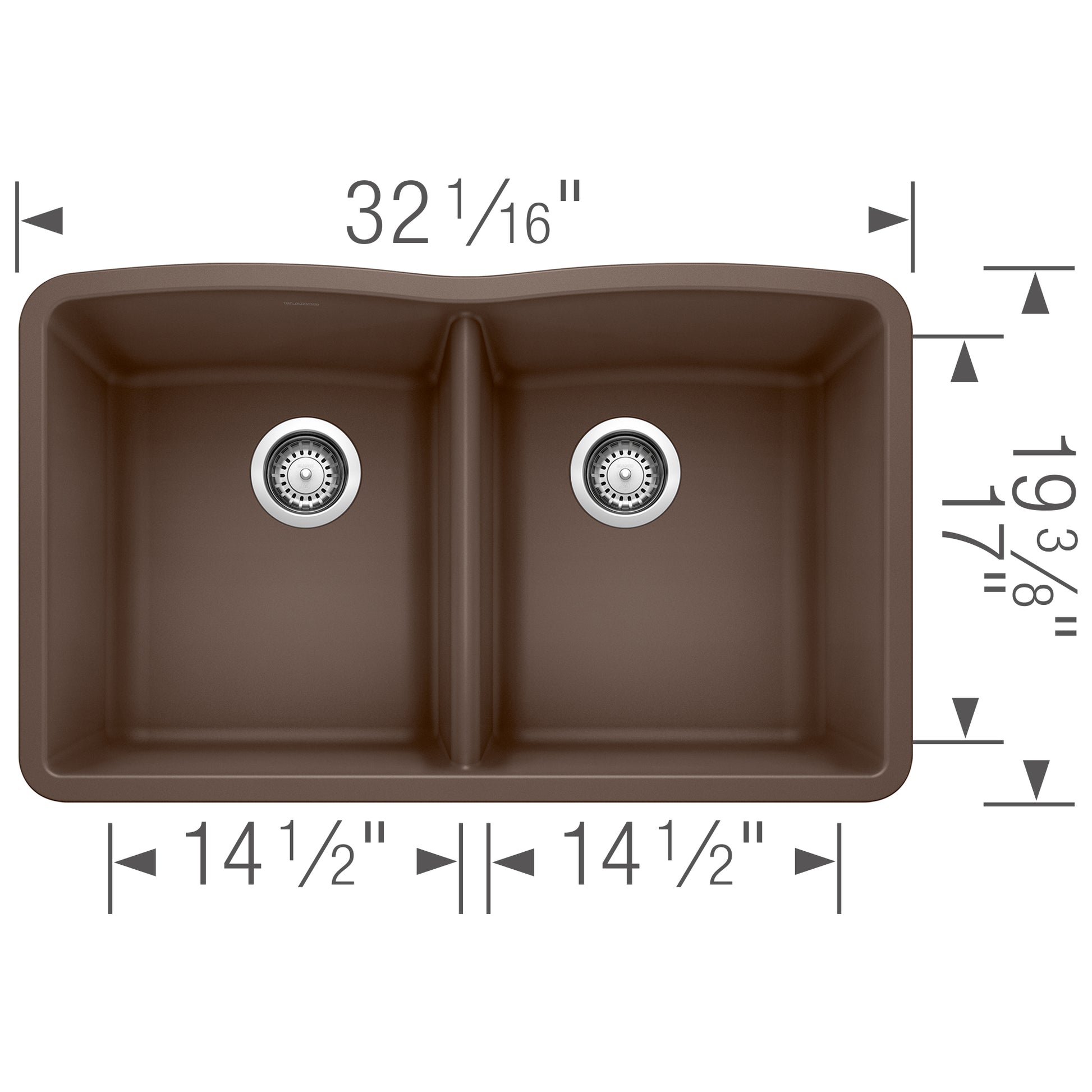 Cafe brown double bowl undermount kitchen sink with two equal basins and chrome drain strainers, shown from above with dimens