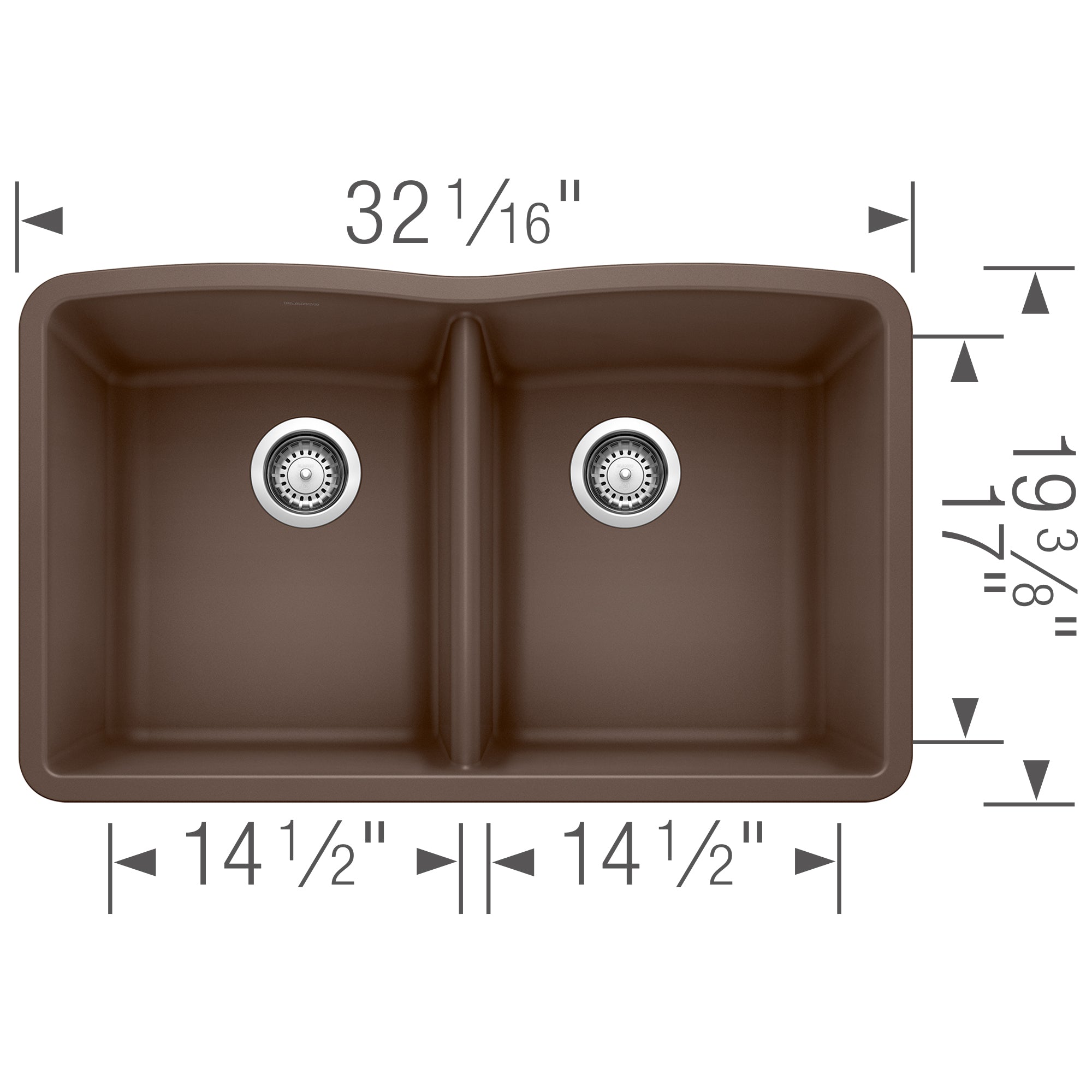Cafe brown double bowl undermount kitchen sink with two equal basins and chrome drain strainers, shown from above with dimens