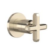 Satin nickel trim valve with circular backplate and cross handle for volume control and diverter functions.