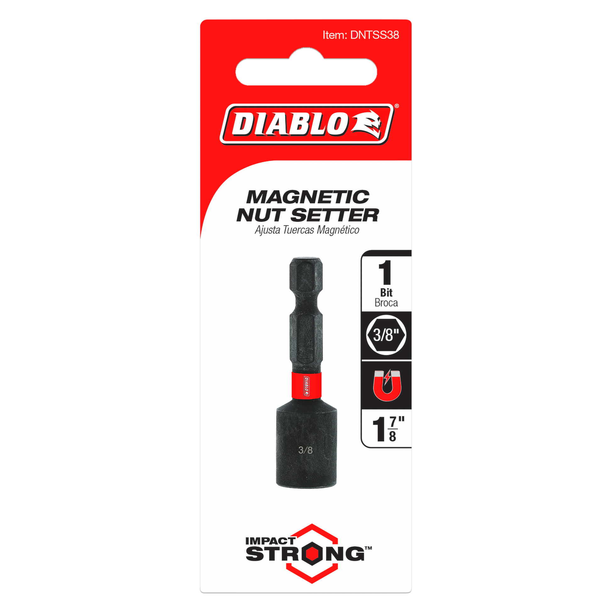 Black magnetic nut setter with red band on packaged card labeled Diablo DNTSS38, 3/8 inch size.