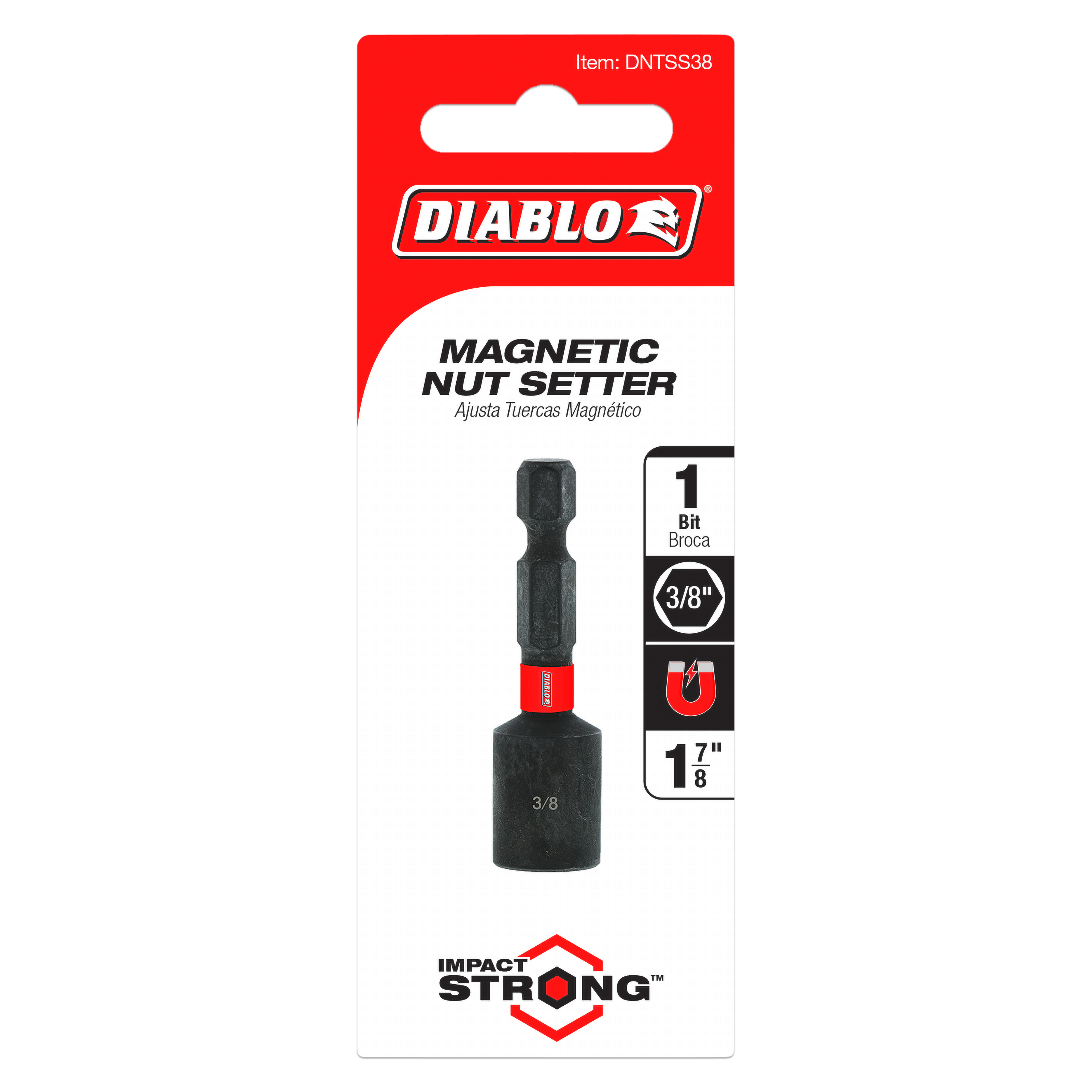 Black magnetic nut setter with red band on packaged card labeled Diablo DNTSS38, 3/8 inch size.