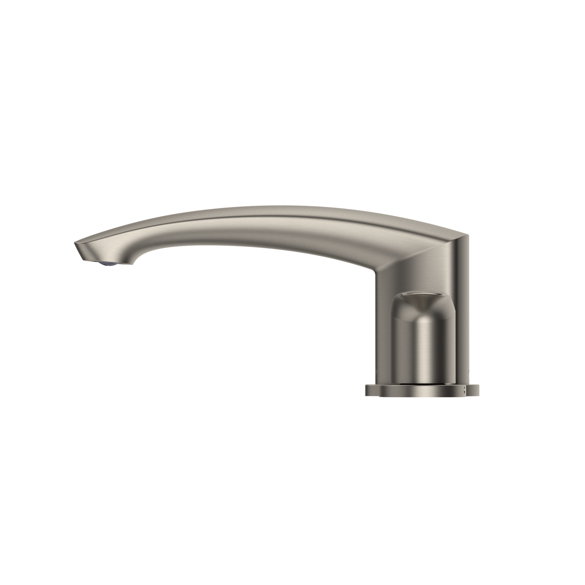 Brushed nickel curved spout with cylindrical handle for deck-mount roman tub filler.
