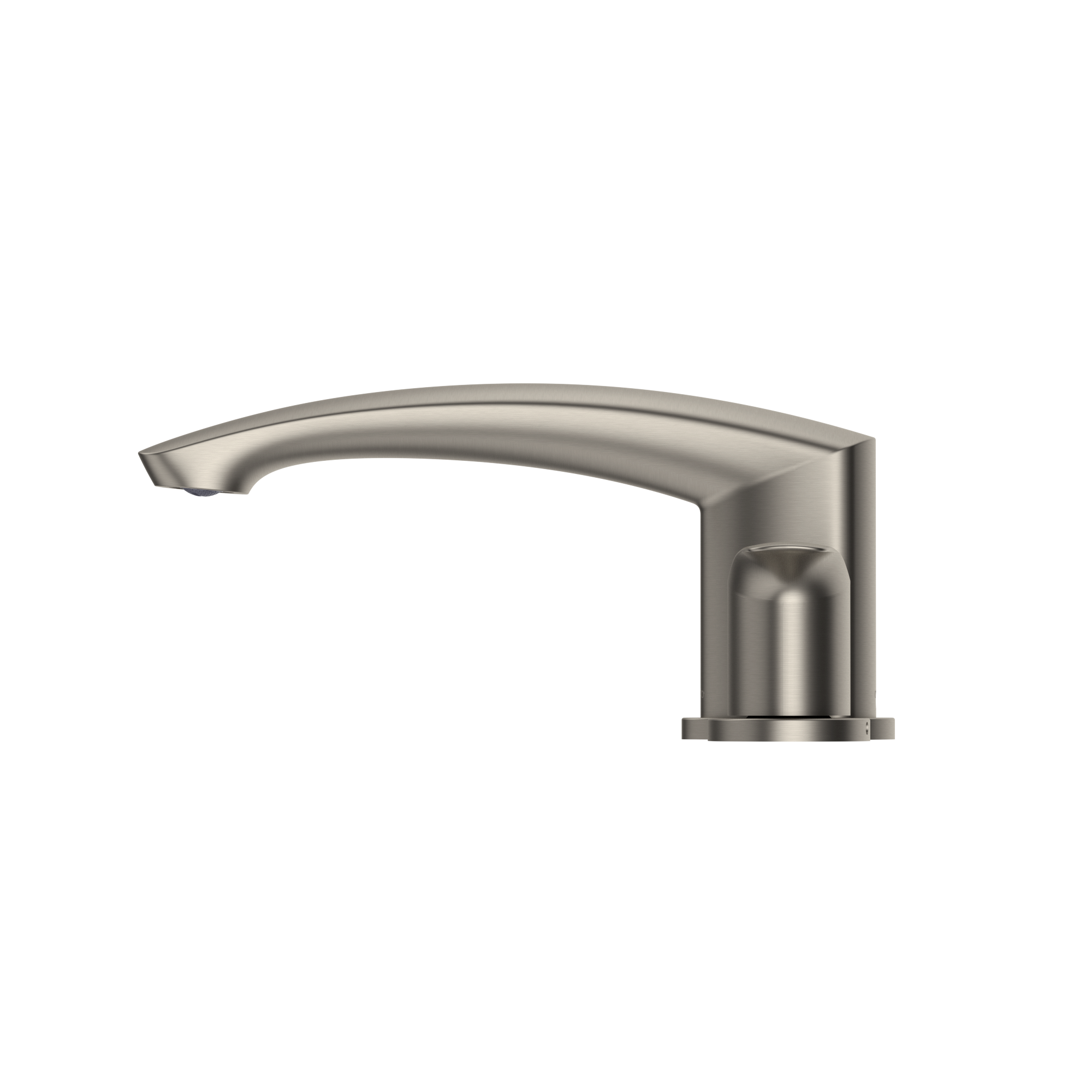 Brushed nickel curved spout with cylindrical handle for deck-mount roman tub filler.