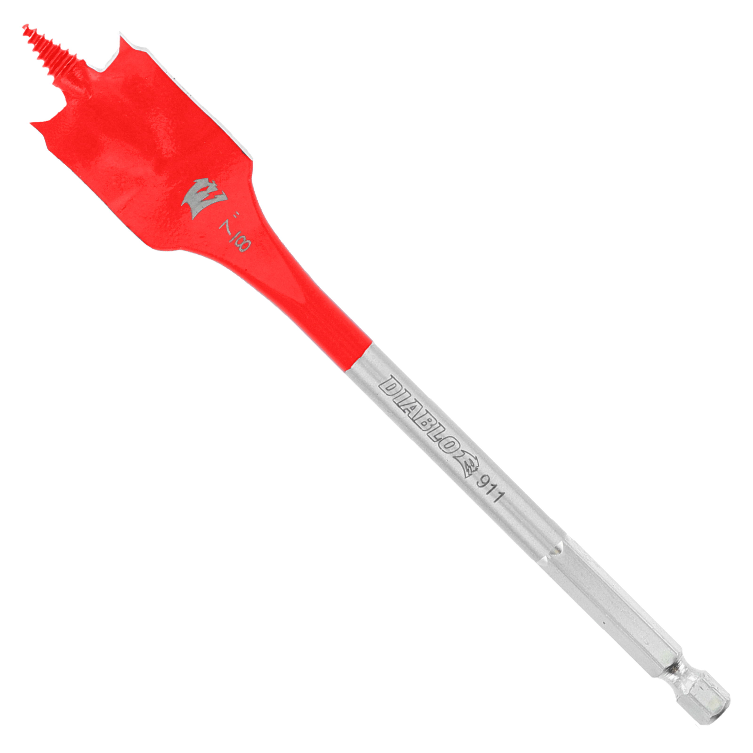 Red and gray spade bit with flat paddle head and cylindrical metal shaft marked "Diablo 911".