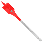 Red and gray spade bit with flat paddle head and hexagonal shank for drilling.
