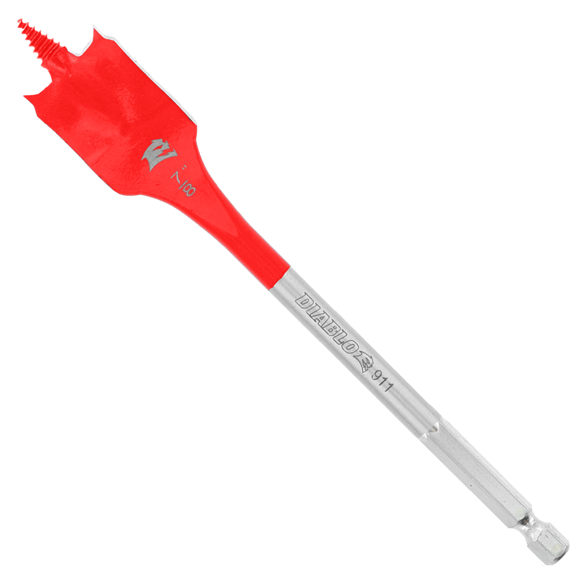 Red and gray spade bit with flat paddle head and hexagonal shank for drilling.
