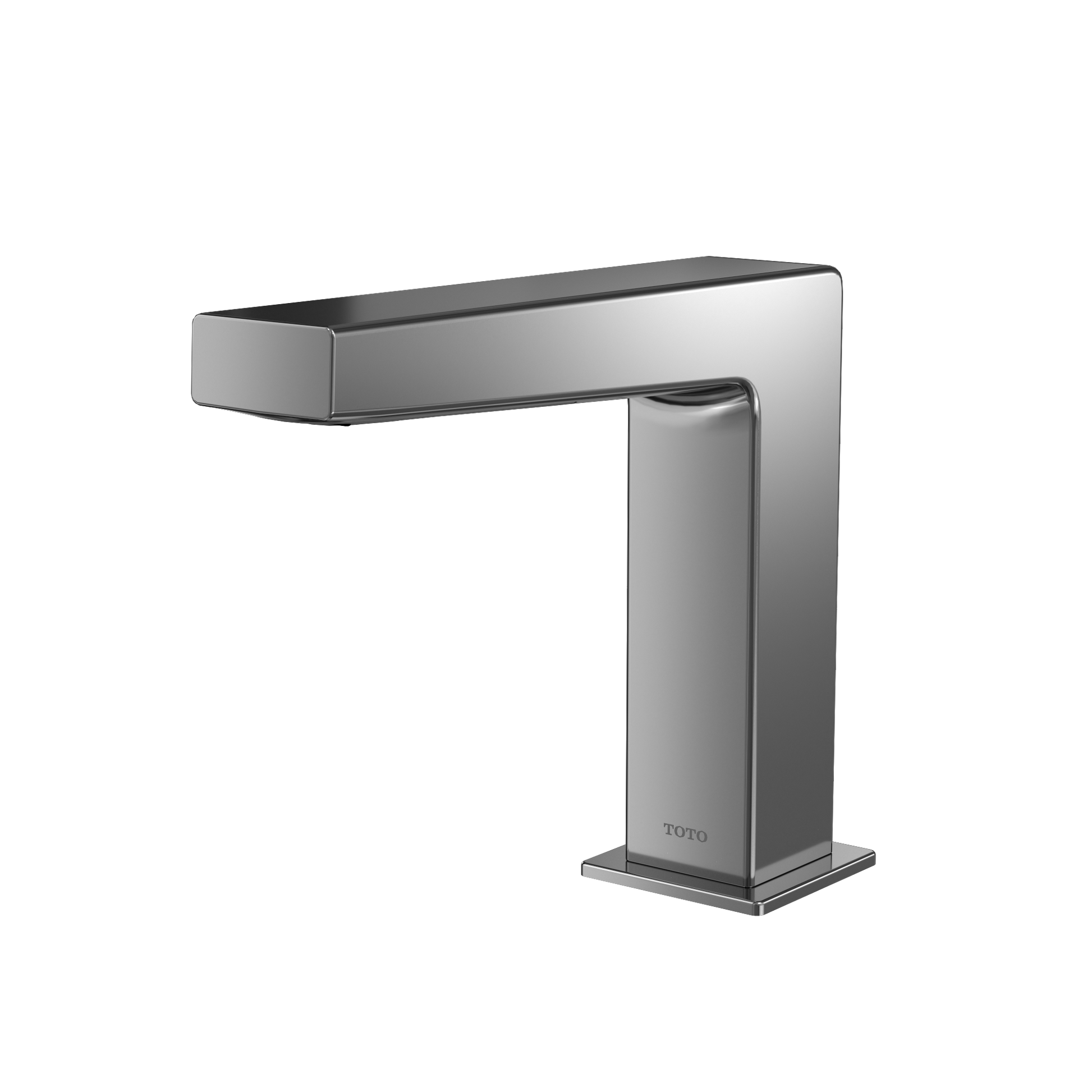 Polished chrome touchless bathroom faucet with angular spout and rectangular base.