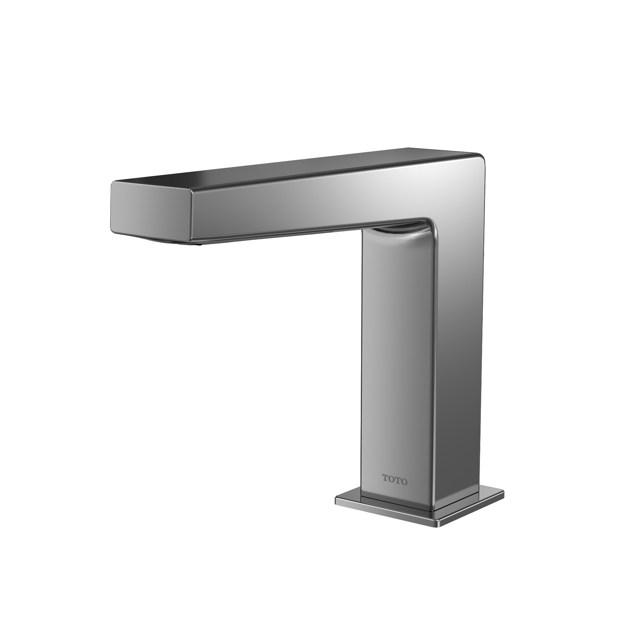 Polished chrome touchless bathroom faucet with angular spout and vertical body on rectangular base.
