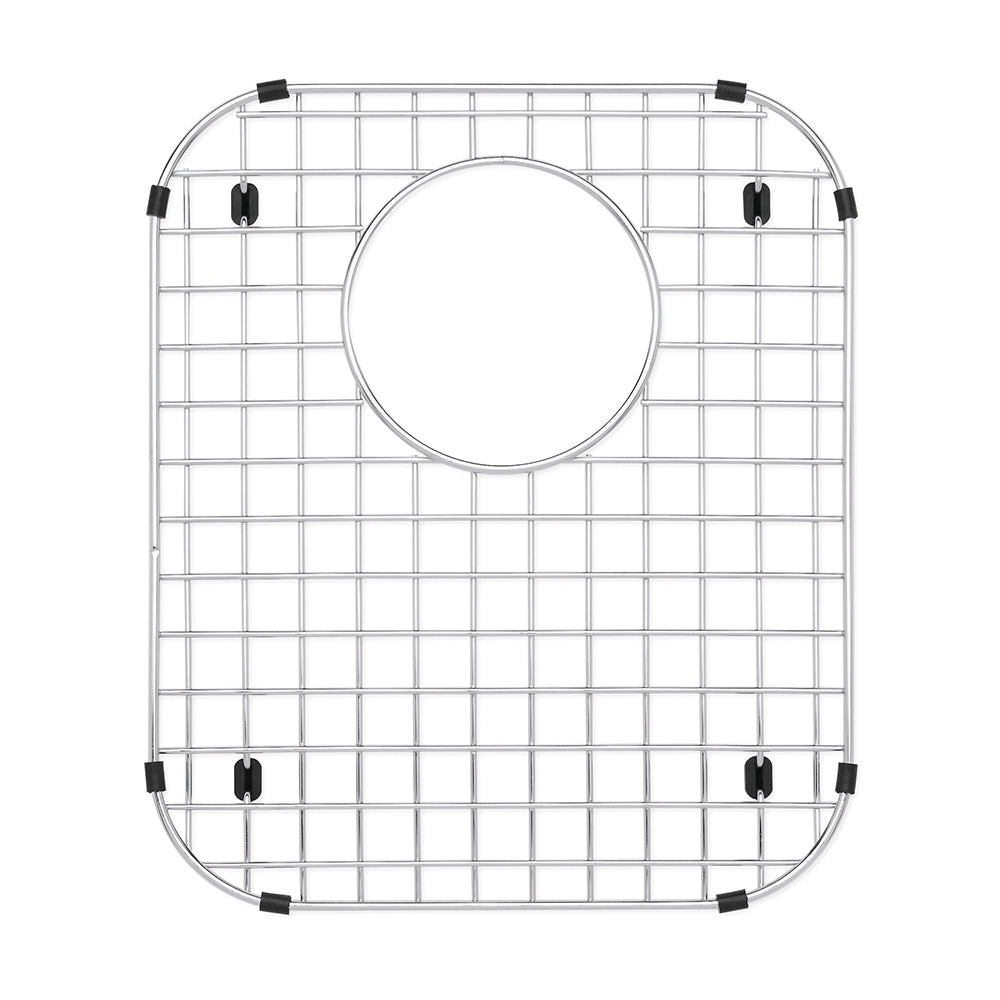 Stainless steel sink grid with square mesh pattern, circular drain opening, and black rubber corner feet.