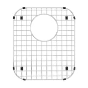 Stainless steel sink grid with square mesh pattern, circular drain opening, and black rubber corner feet.