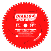Red circular saw blade with 54 silver carbide-tipped teeth, Diablo Steel Demon branding, and center arbor hole.