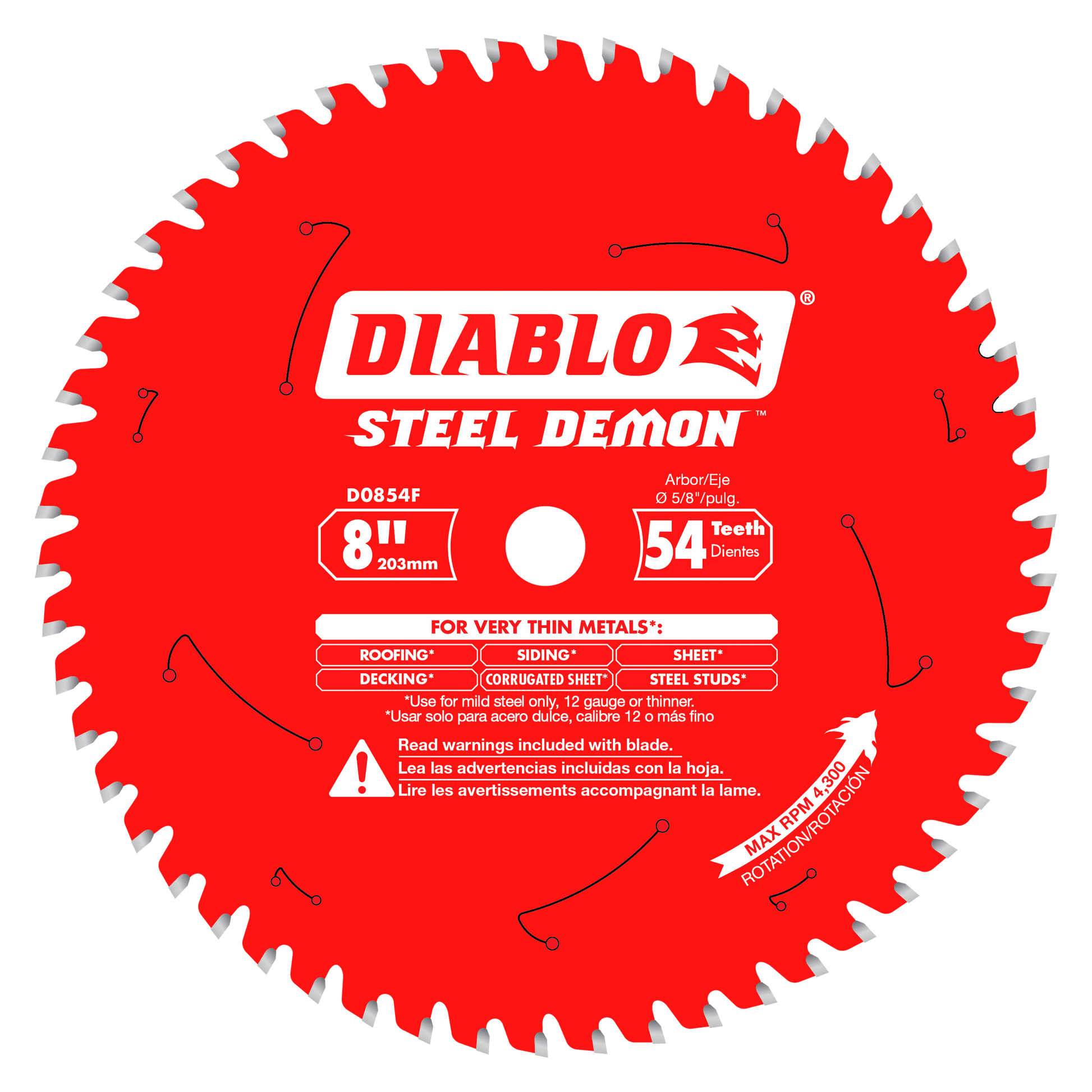 Red circular saw blade with 54 silver carbide-tipped teeth, Diablo Steel Demon branding, and center arbor hole.