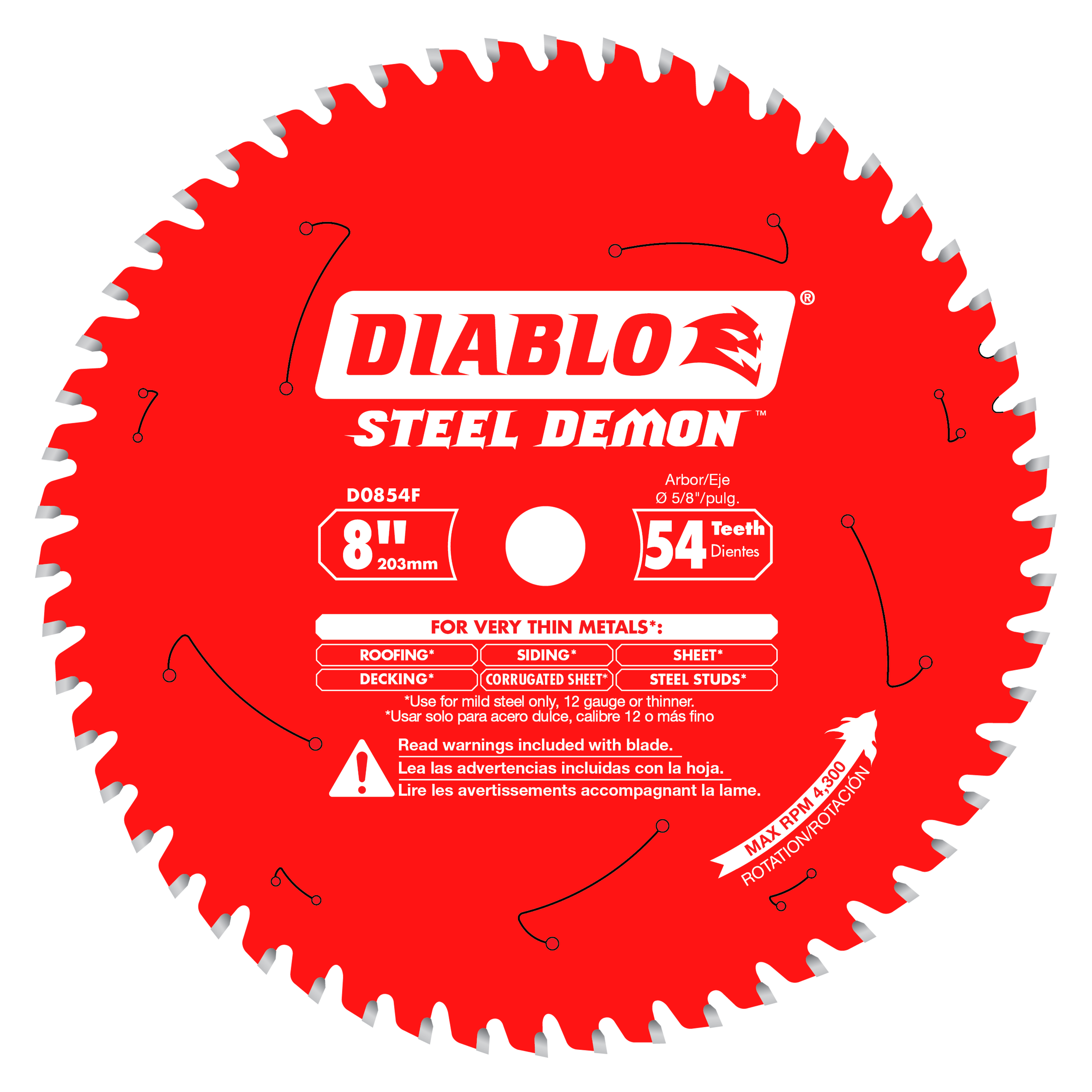 Red circular saw blade with 54 silver carbide-tipped teeth, Diablo Steel Demon branding, and center arbor hole.