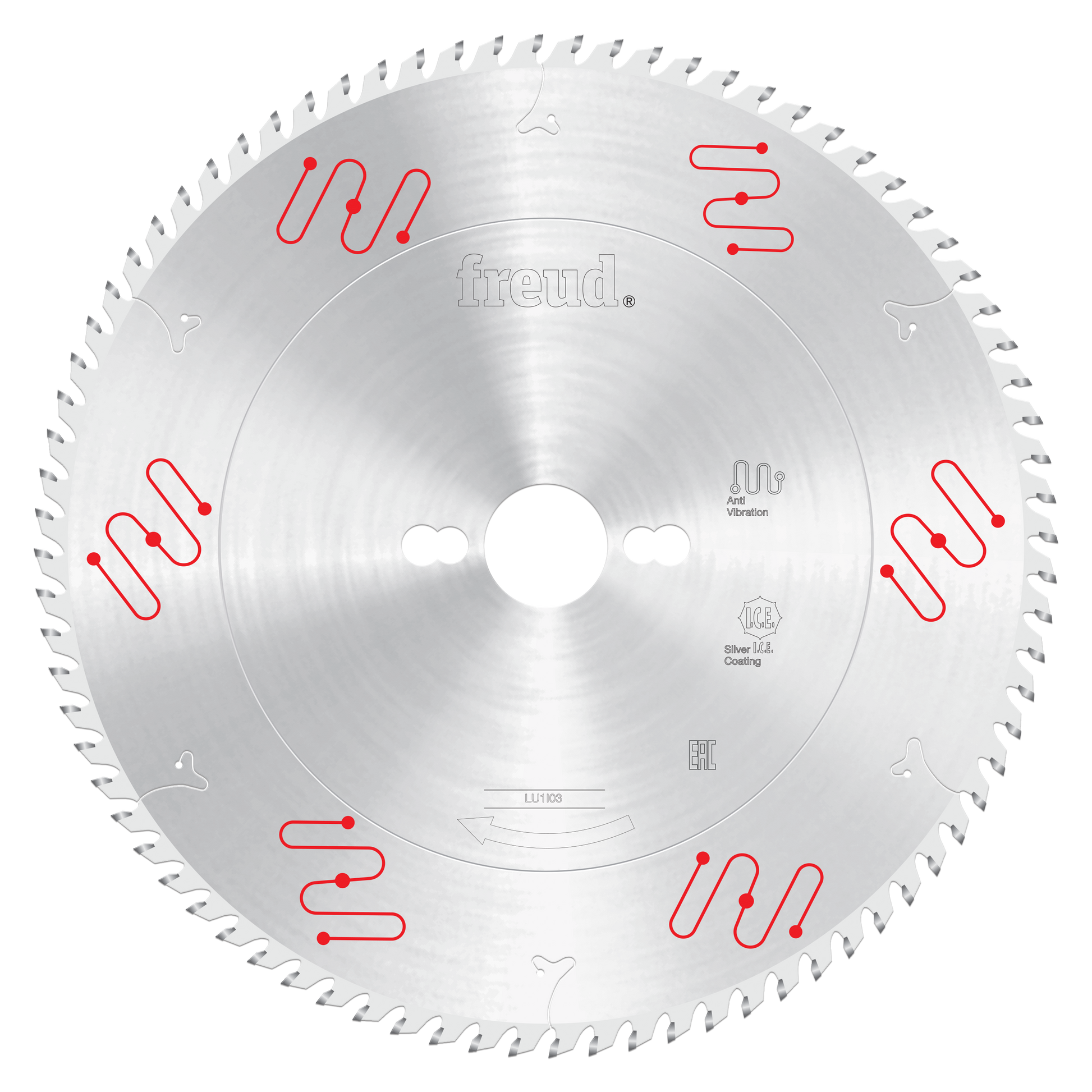 Silver circular saw blade with carbide-tipped teeth around perimeter and Freud branding on center hub.