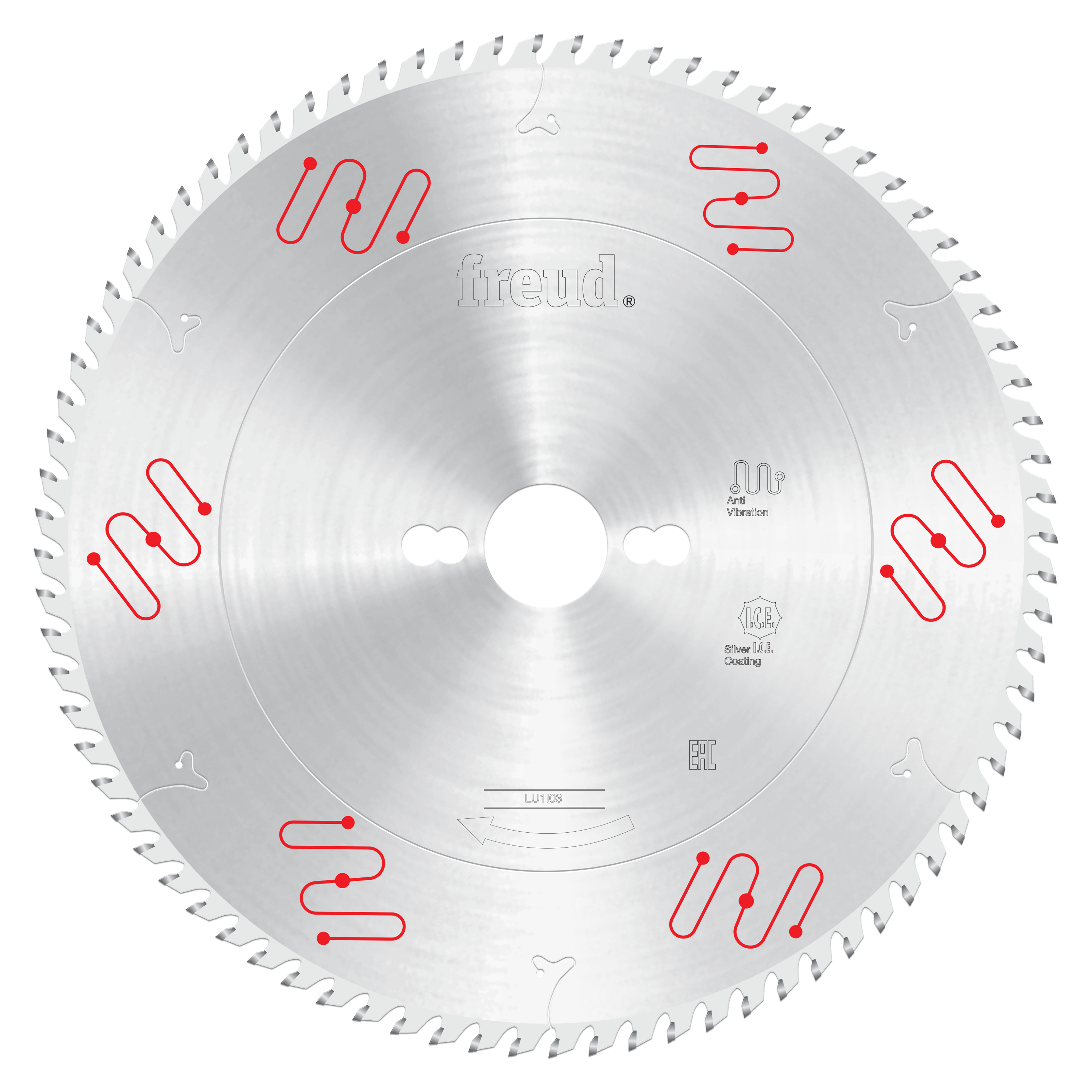 Silver circular saw blade with carbide-tipped teeth around perimeter and Freud branding on center hub.