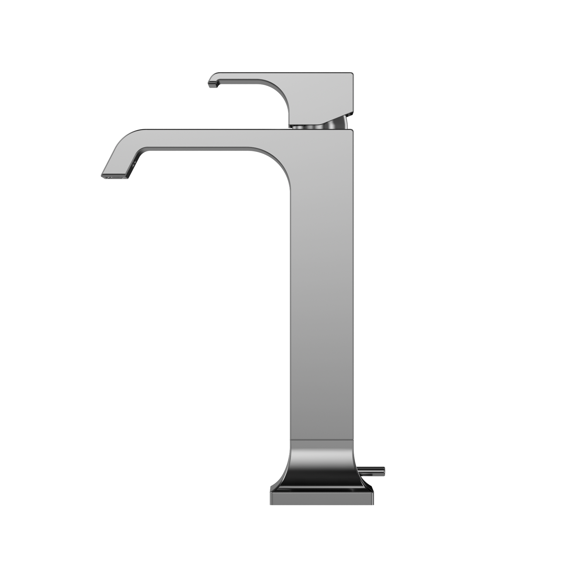 Polished chrome single-handle vessel sink faucet with curved spout and tall rectangular body.