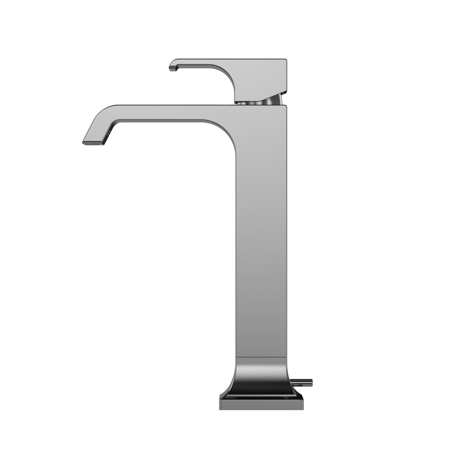 Polished chrome single-handle vessel sink faucet with curved spout and tall rectangular body.