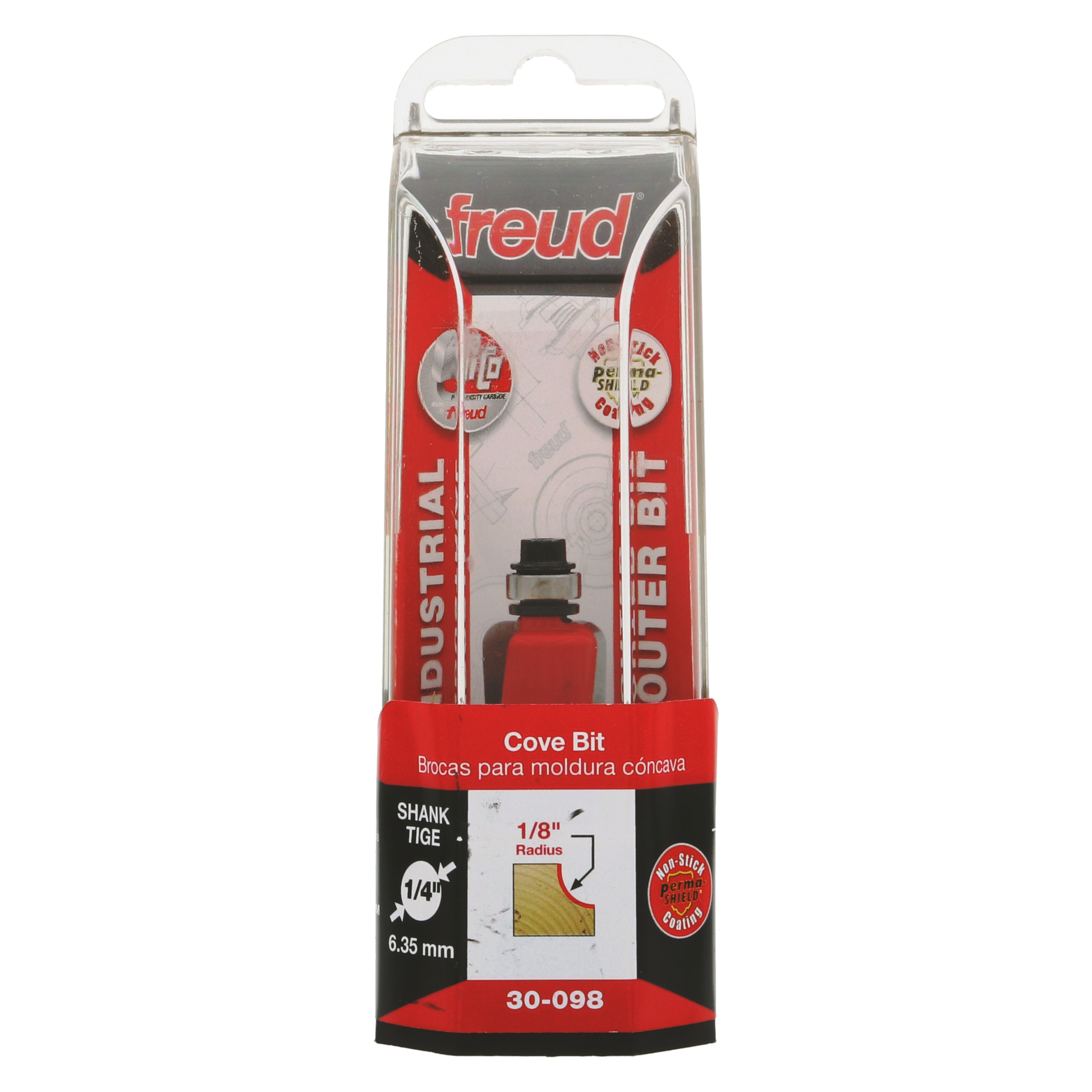 Freud cove bit with 1/8" radius in red and black packaging with shank tige 1/4" specification label.