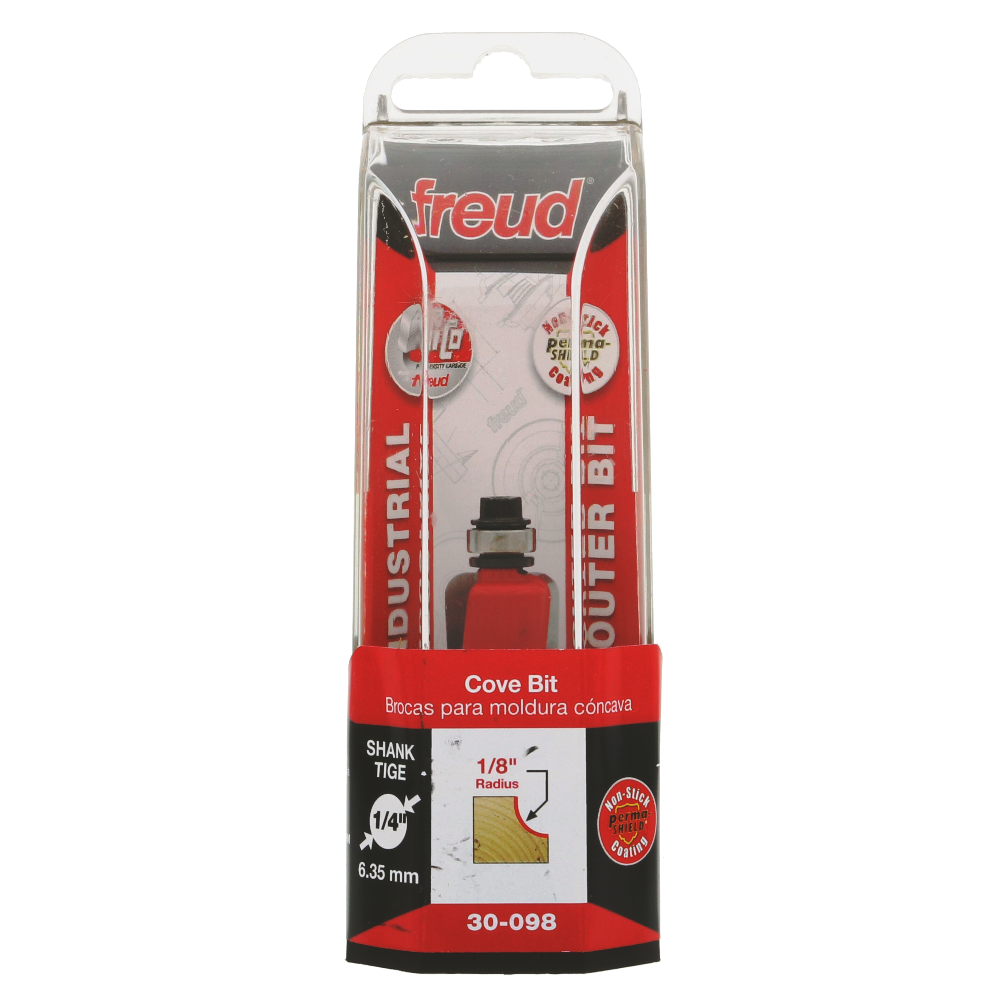 Freud cove bit with 1/8" radius in red and black packaging with shank tige 1/4" specification label.