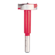 Freud Forstner bit with pink and red body, metal shank, and flat cutting head with side spurs.