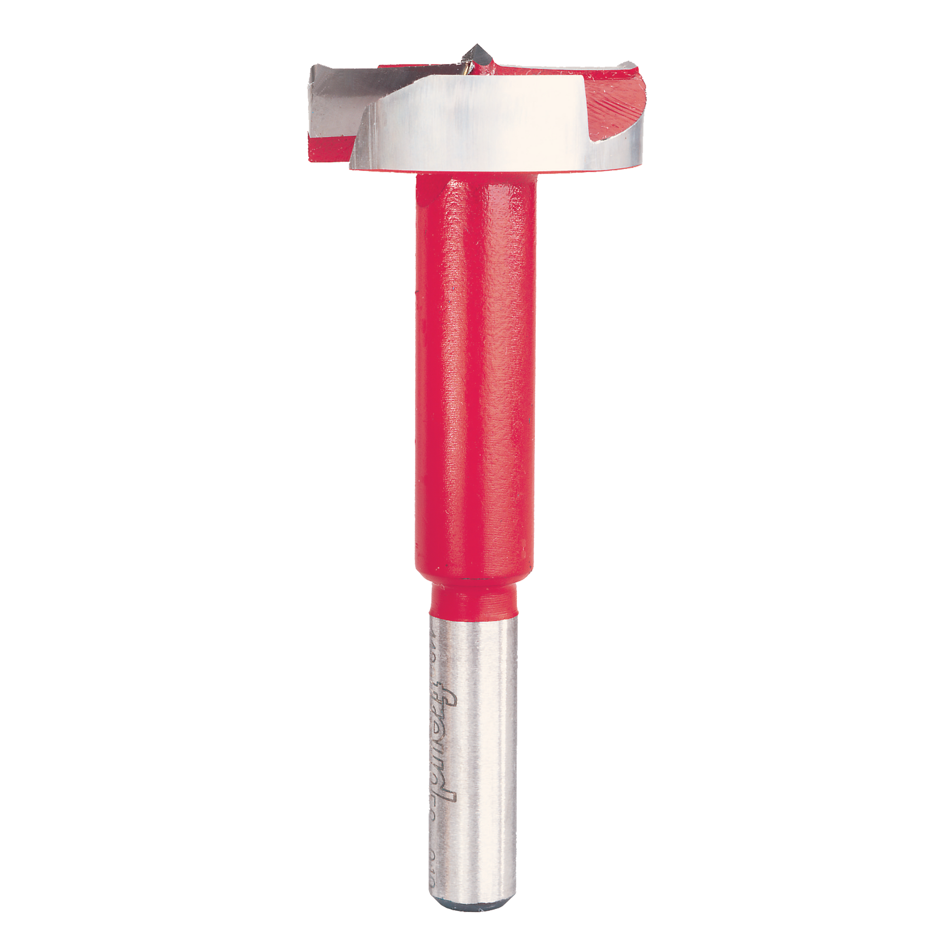 Freud Forstner bit with pink and red body, metal shank, and flat cutting head with side spurs.