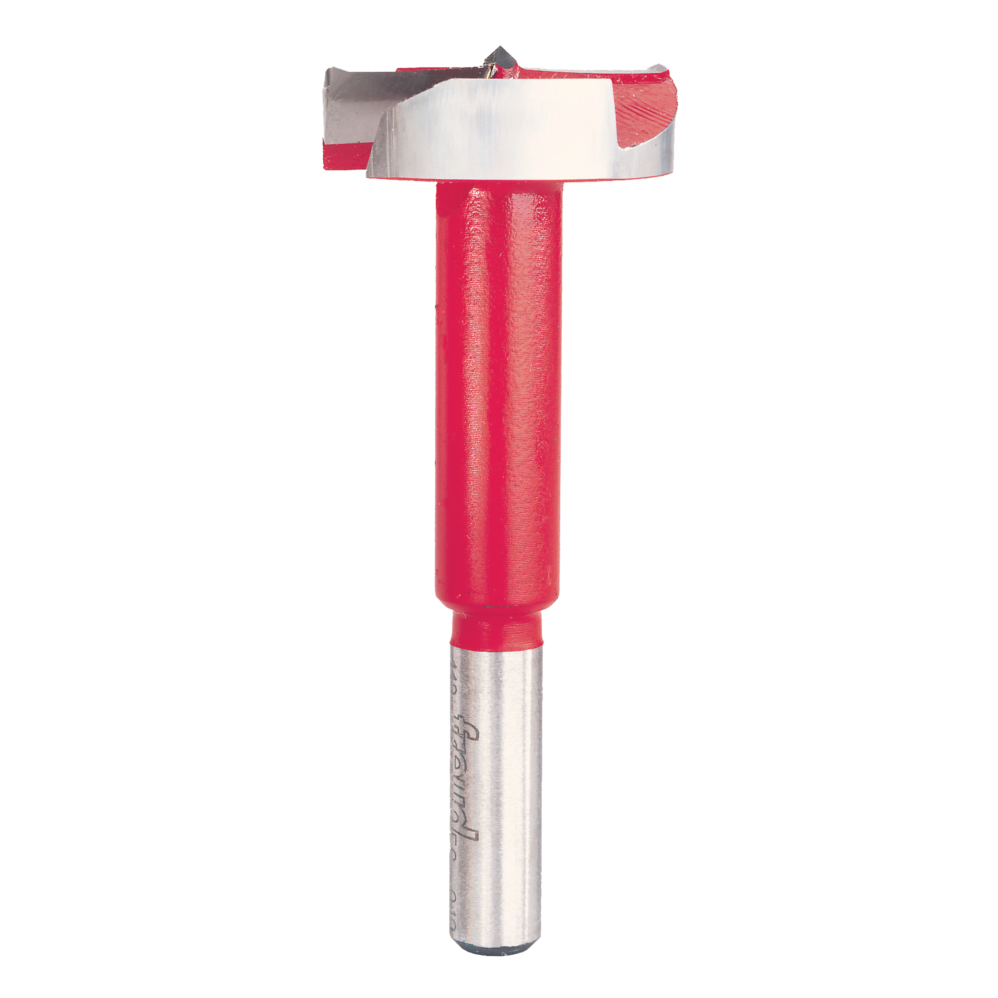 Freud Forstner bit with pink and red body, metal shank, and flat cutting head with side spurs.