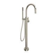 Polished nickel floor-mount tub filler with curved spout, single lever handle, and handheld showerhead on hose.