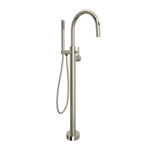 Polished nickel floor-mount tub filler with curved spout, single lever handle, and handheld showerhead on hose.