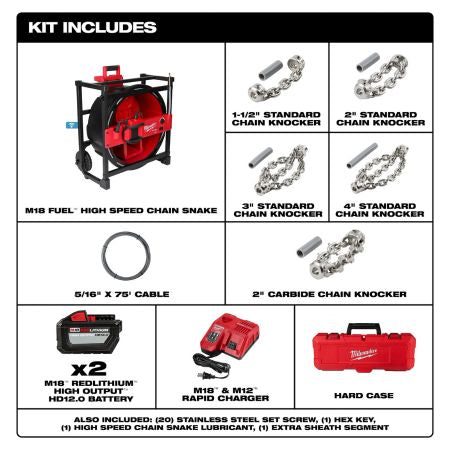 Milwaukee M18 FUEL High Speed Chain Snake for 1-1/2 to 4 inch Pipes - 2819-22