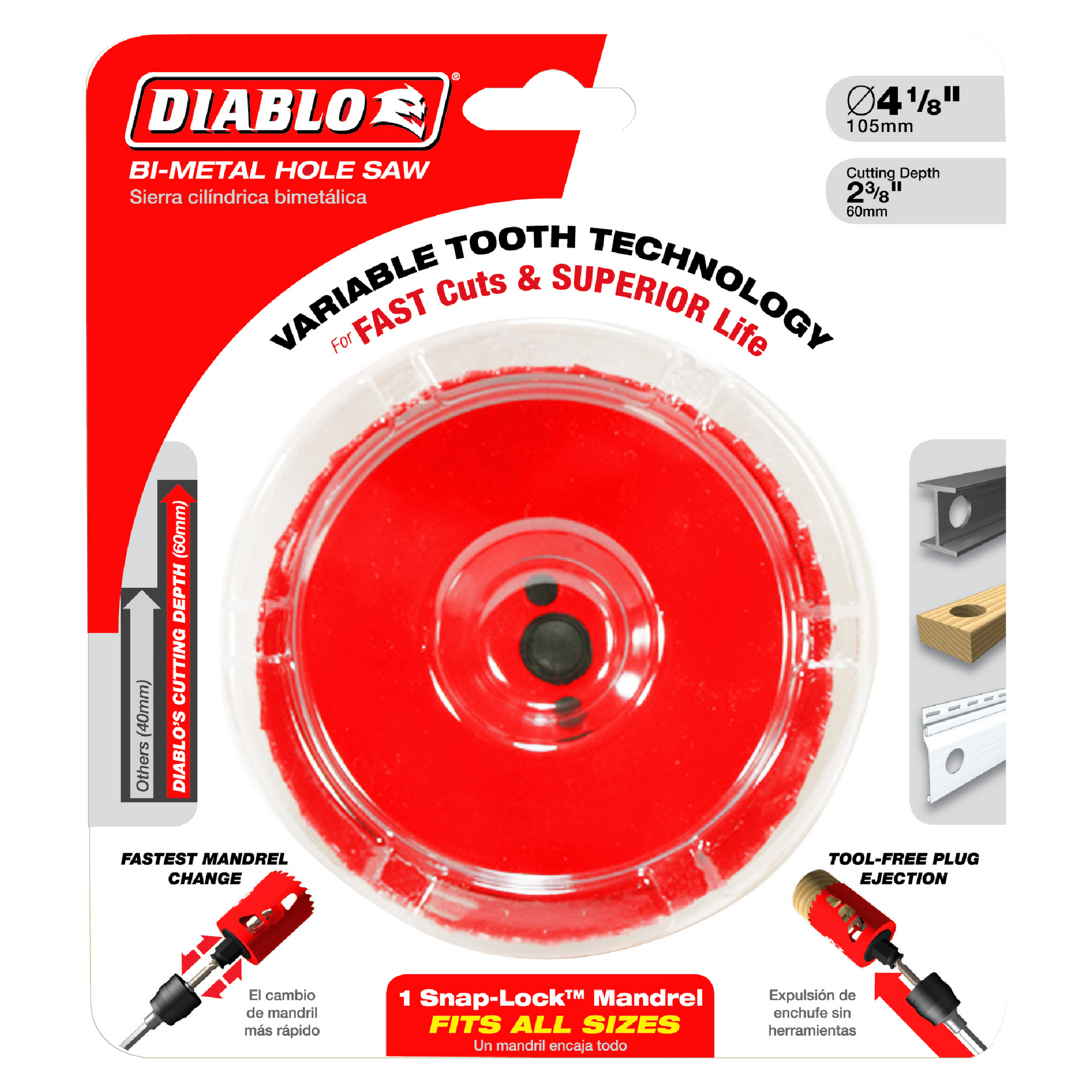 Red bi-metal hole saw with variable tooth technology, 4 1/8 inch diameter, displayed on packaging with mandrel and specificat