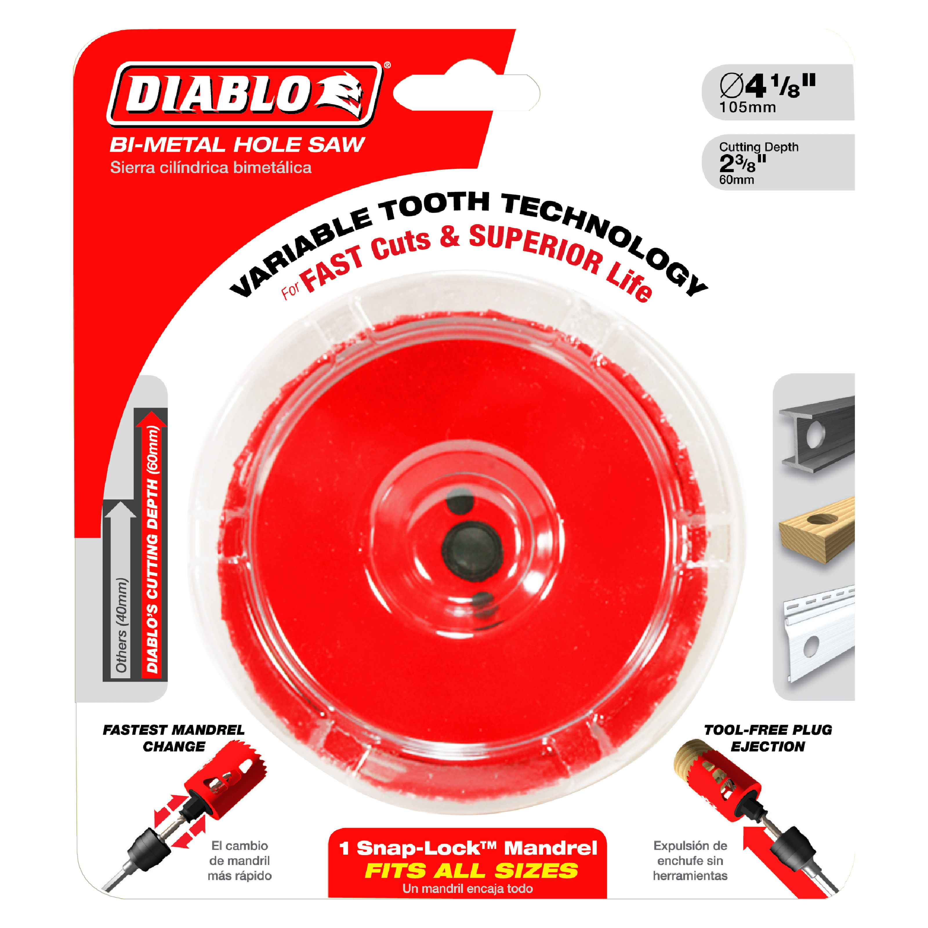 Red bi-metal hole saw with variable tooth technology, 4 1/8 inch diameter, displayed on packaging with mandrel and specificat