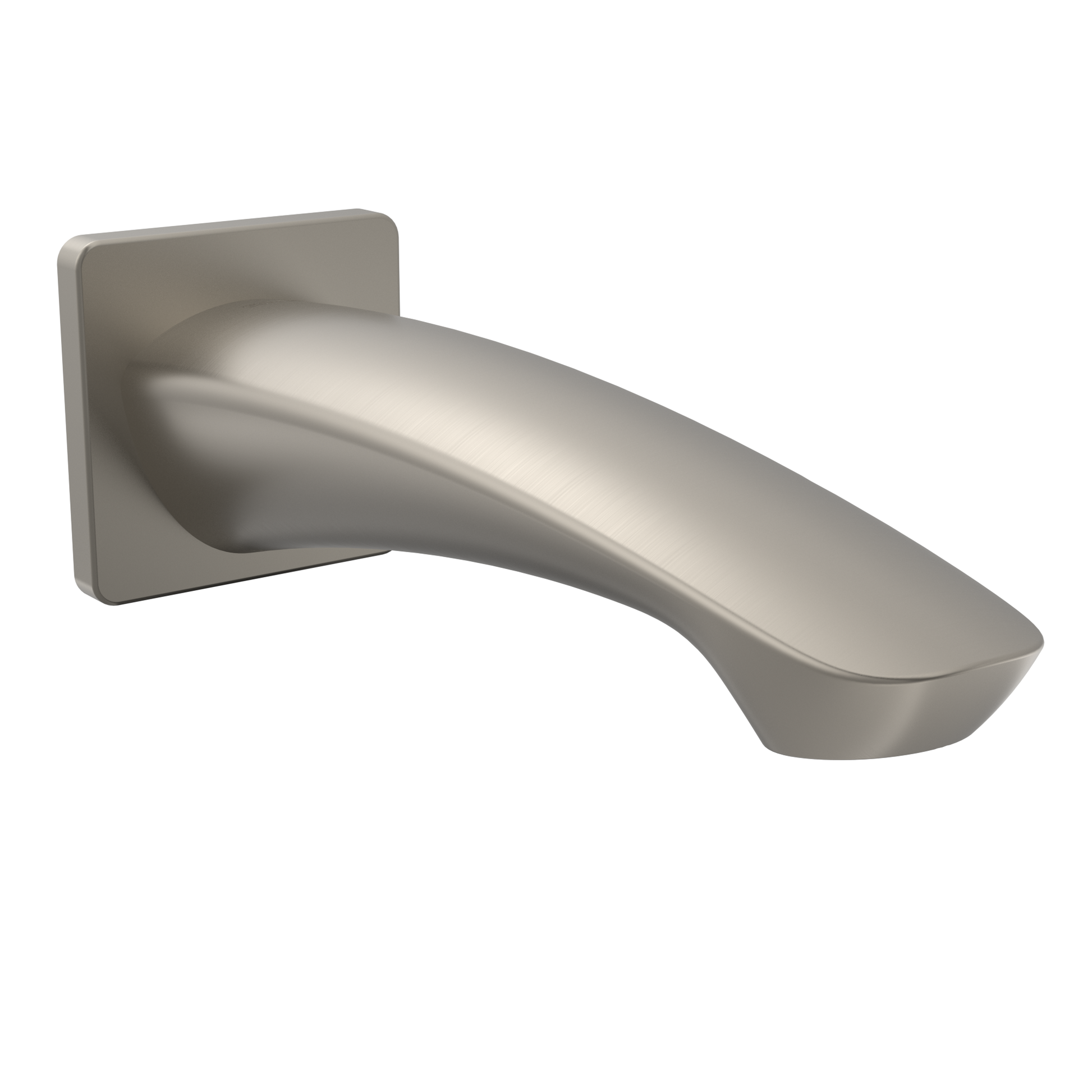 Brushed nickel wall-mounted tub spout with curved tapered body and rectangular mounting plate.