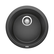 Round anthracite Silgranit bar sink with single basin and chrome strainer, viewed from above.